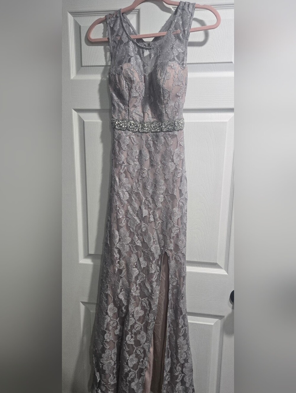 Jodi Kristopher Silver Lace Evening Gown with Beaded Waist